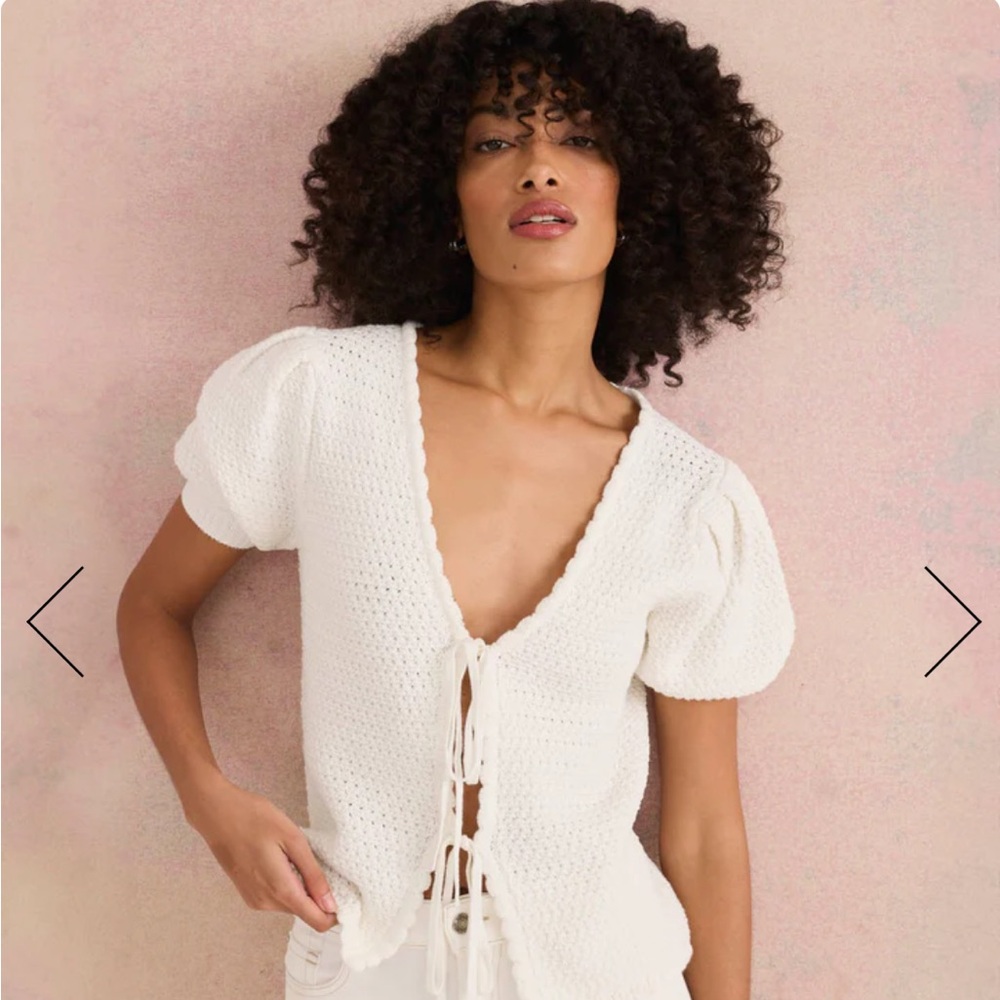 Splendid White Crochet/Knit Tie-Front Top Sweater
